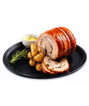 Porchetta rôtie accompagnée d'une purée de pommes et de romarin | Cascajares