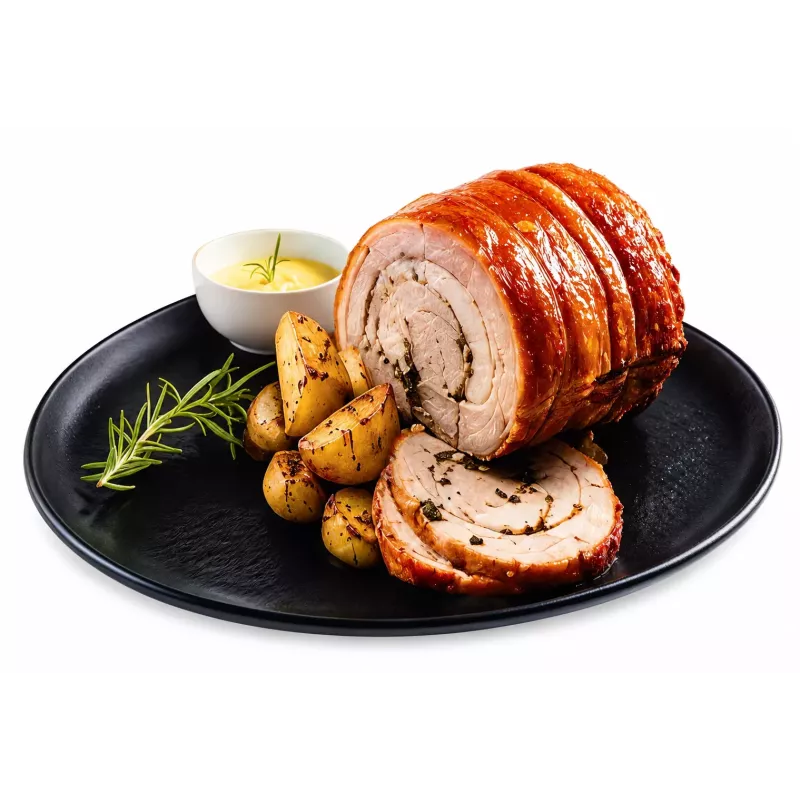 Porchetta de Cerdo asada y puré de manzana y romero